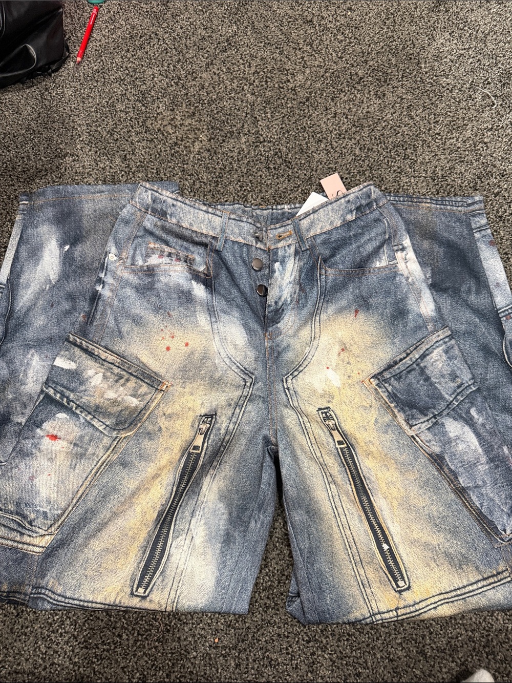 Straight Leg Women's Denim Jeans with Paint-Splatter Detail - Blue